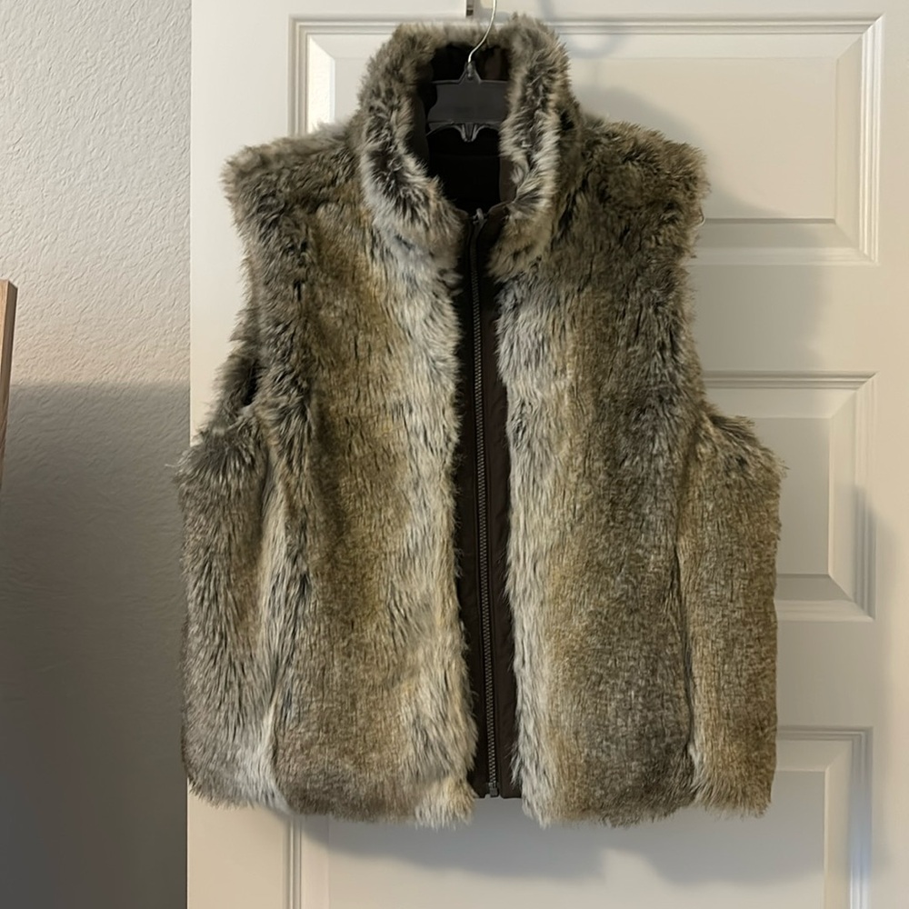Weatherproof reversible faux fur and brown SZ L high funnel neck puffy gorpcore - Picture 2 of 16